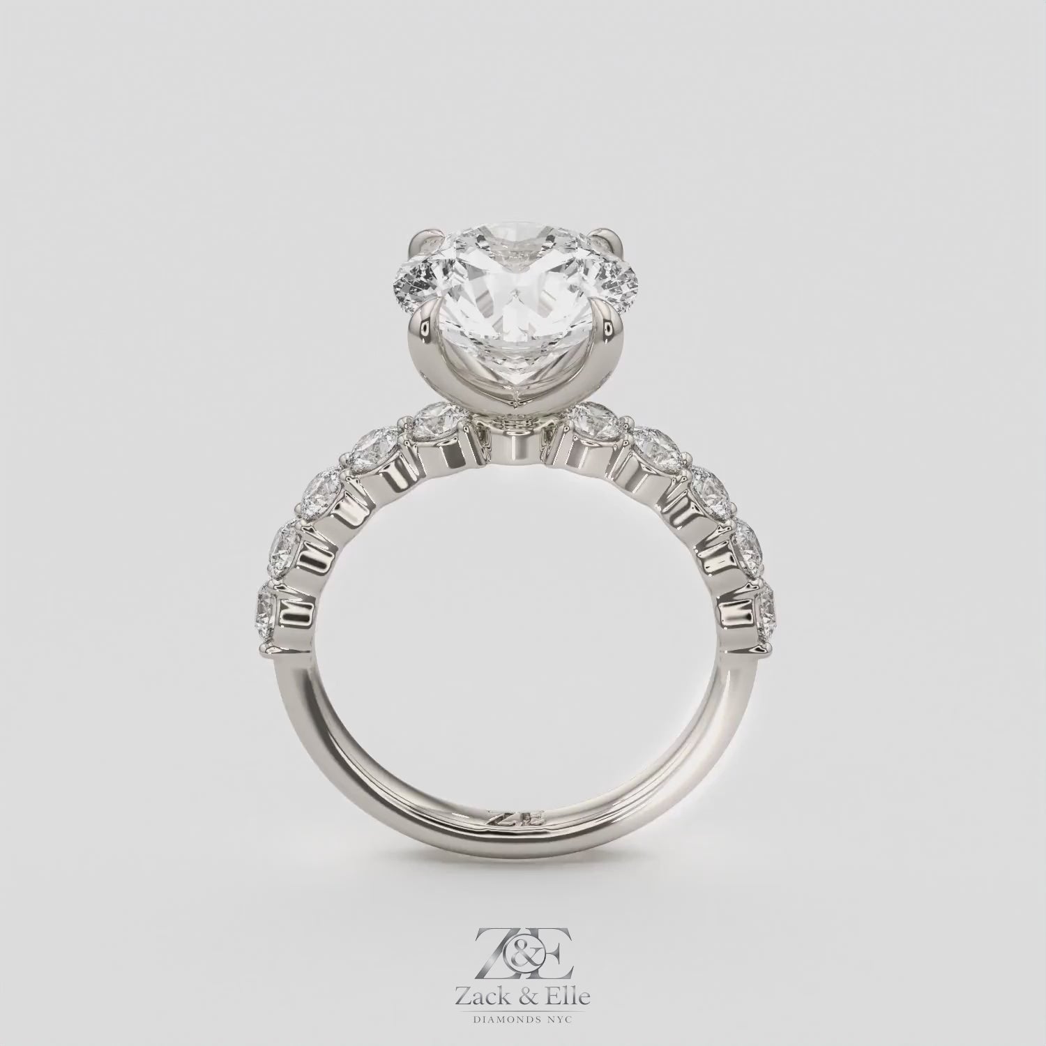 4.80 Ct E VS1 Round Lab Grown Diamond Side Stone Engagement Ring, in white gold, 360 spin