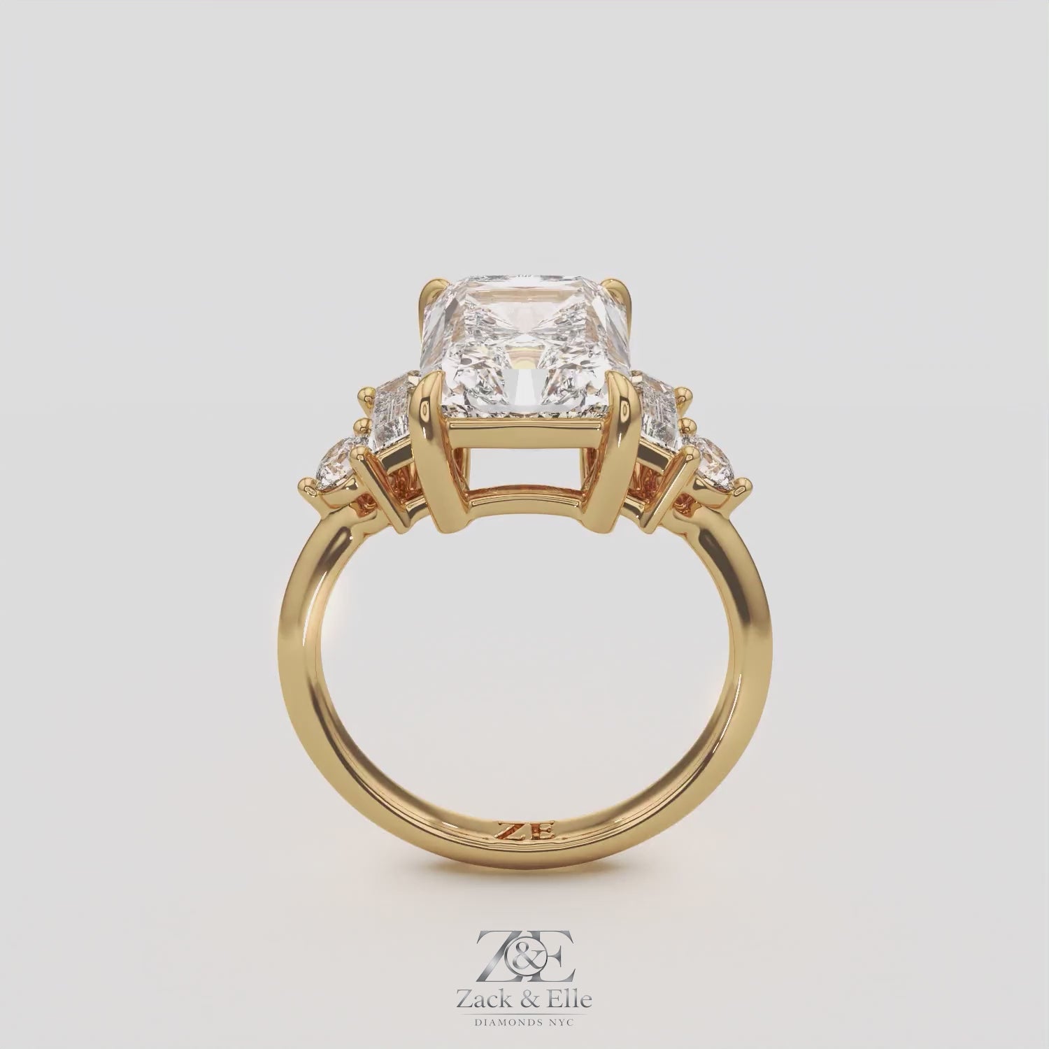 4.70 Ct E Color VS1 Radiant Cut Diamond Ring With Baguette and Round Accents, in white gold, 360 spin