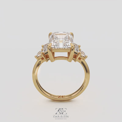 4.70 Ct E Color VS1 Radiant Cut Diamond Ring With Baguette and Round Accents, in white gold, 360 spin