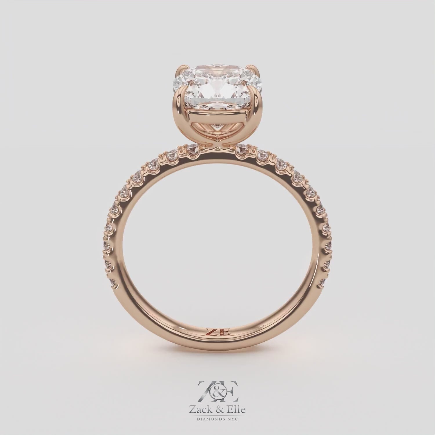 2.35 Ct E Color VS1 Cushion Diamond Pavé Ring, in white gold, 360 spin
