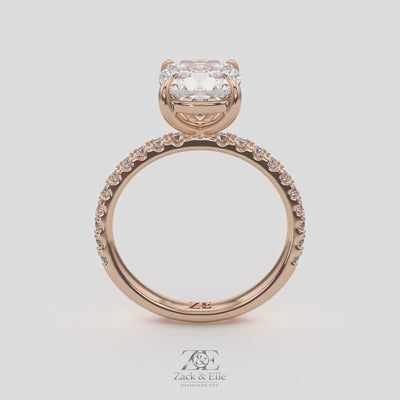 2.35 Ct E Color VS1 Cushion Diamond Pavé Ring, in white gold, 360 spin