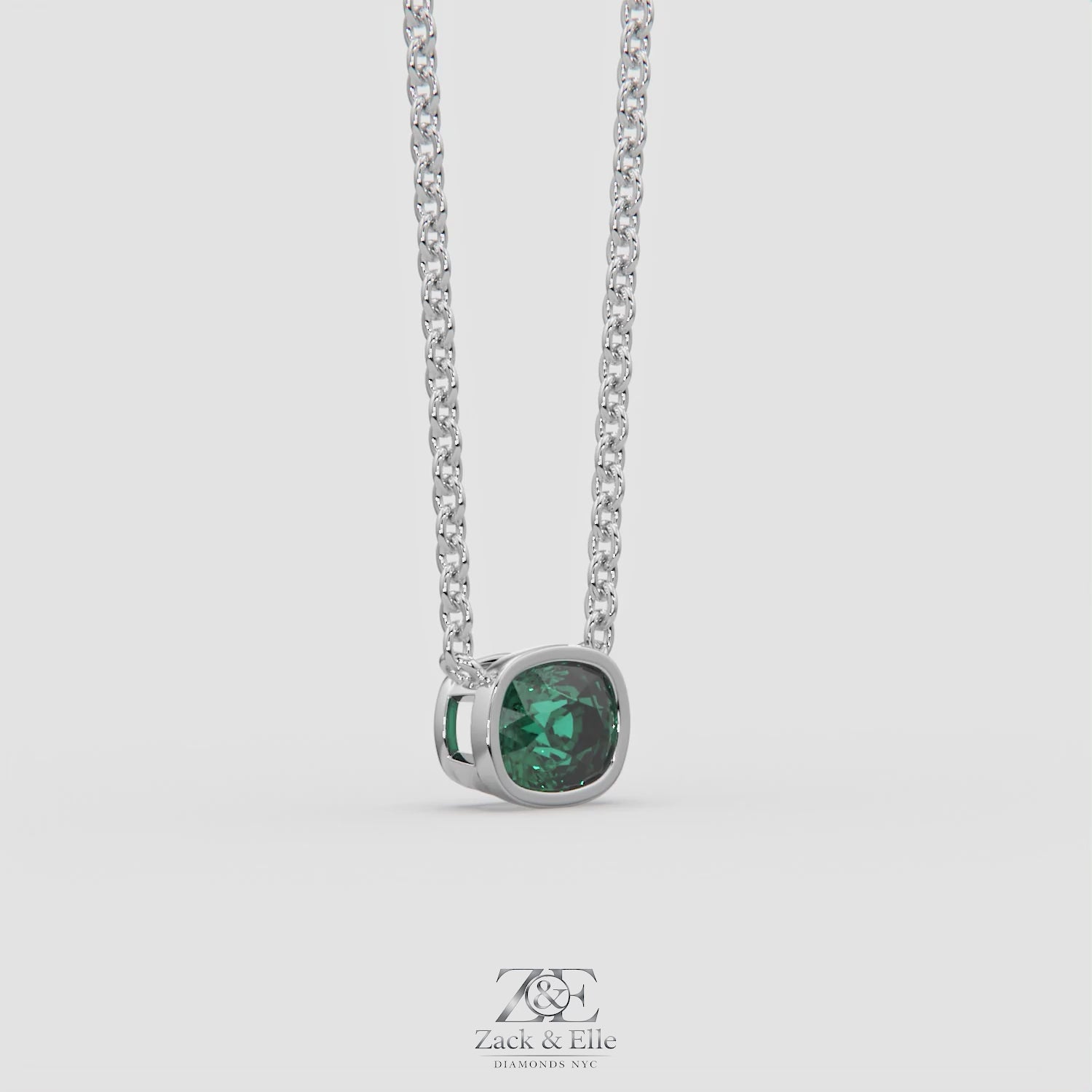 3.00 Ct Cushion Green Emerald East West Pendant, in white gold, 360 spin