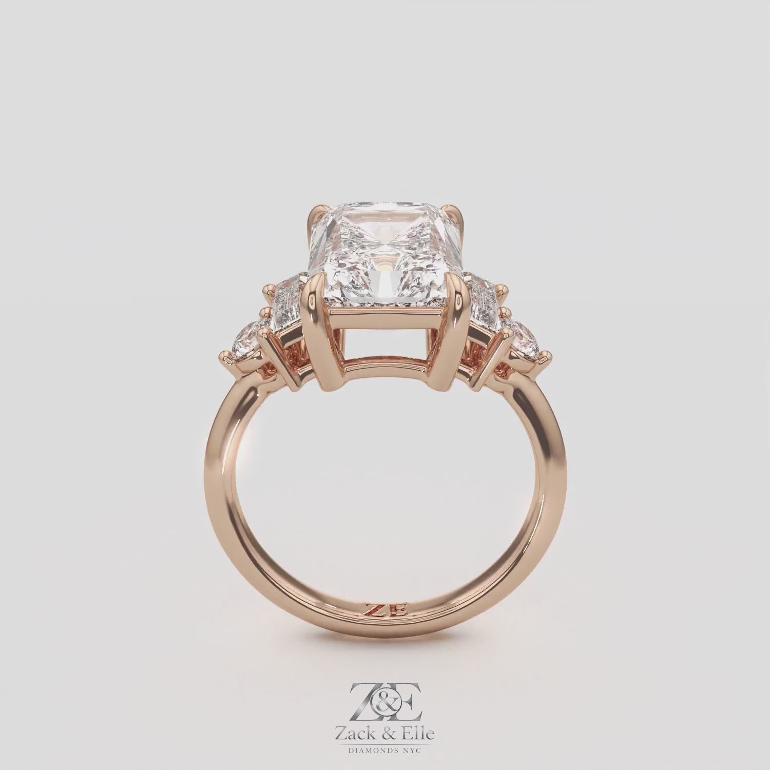 4.70 Ct E Color VS1 Radiant Cut Diamond Ring With Baguette and Round Accents, in white gold, 360 spin