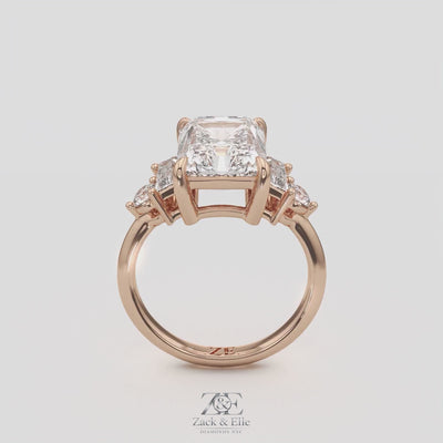 4.70 Ct E Color VS1 Radiant Cut Diamond Ring With Baguette and Round Accents, in white gold, 360 spin