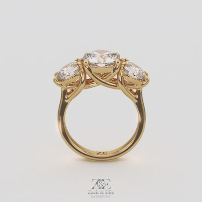 4.00 Ct D Color VS1 Round Lab Grown Diamond 3 Stone Ring, in yellow gold, 360 spin