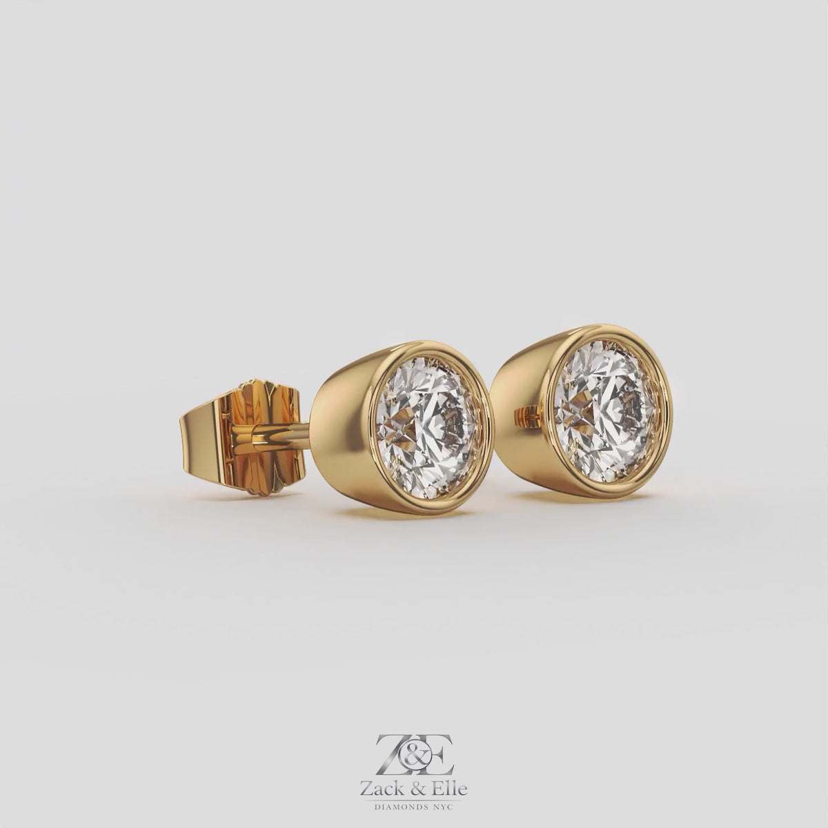 2.00 Ct D VS1 Round Full Bezel Diamond Studs, in yellow gold, 360 spin
