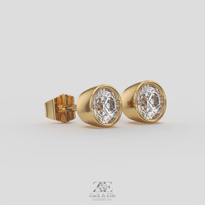 2.00 Ct D VS1 Round Full Bezel Diamond Studs, in yellow gold, 360 spin
