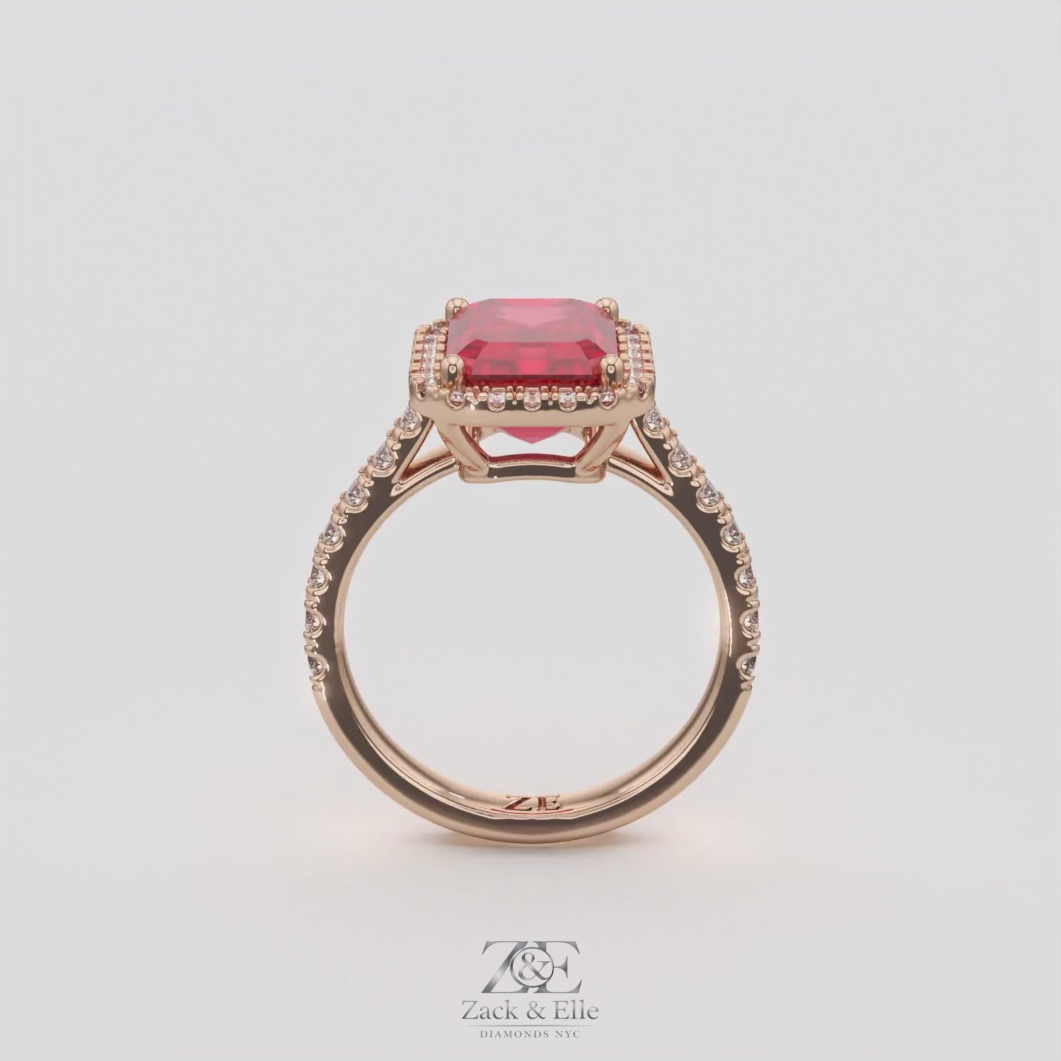 3.50 Ct Emerald Cut Red Ruby and Diamond Ring, in rose gold, 360 spin