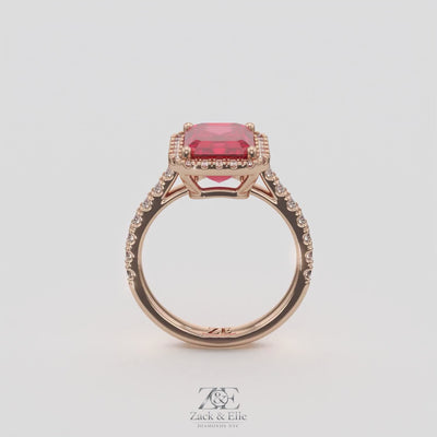 3.50 Ct Emerald Cut Red Ruby and Diamond Ring, in rose gold, 360 spin