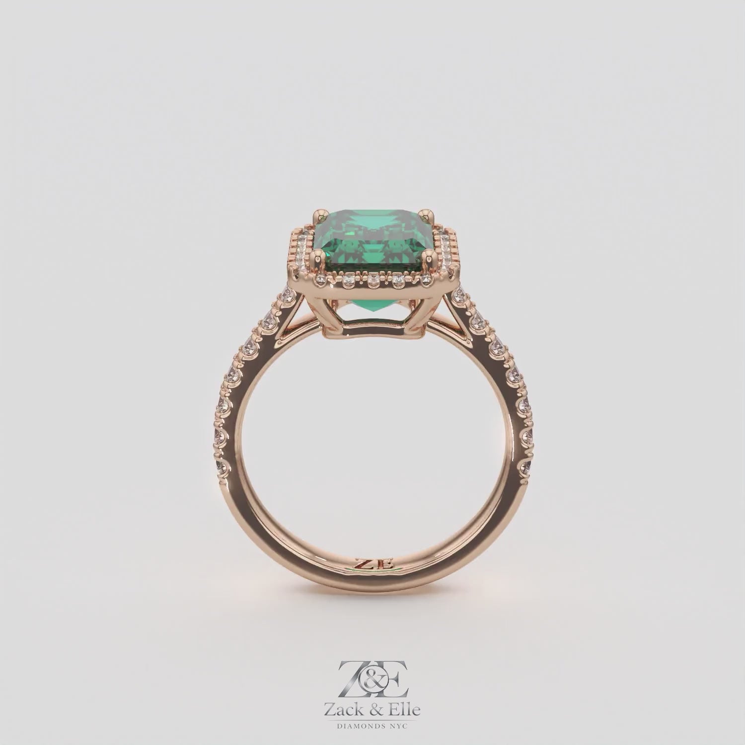 3.50 Ct Emerald Cut Green Emerald and Diamond Ring, in rose gold, 360 spin