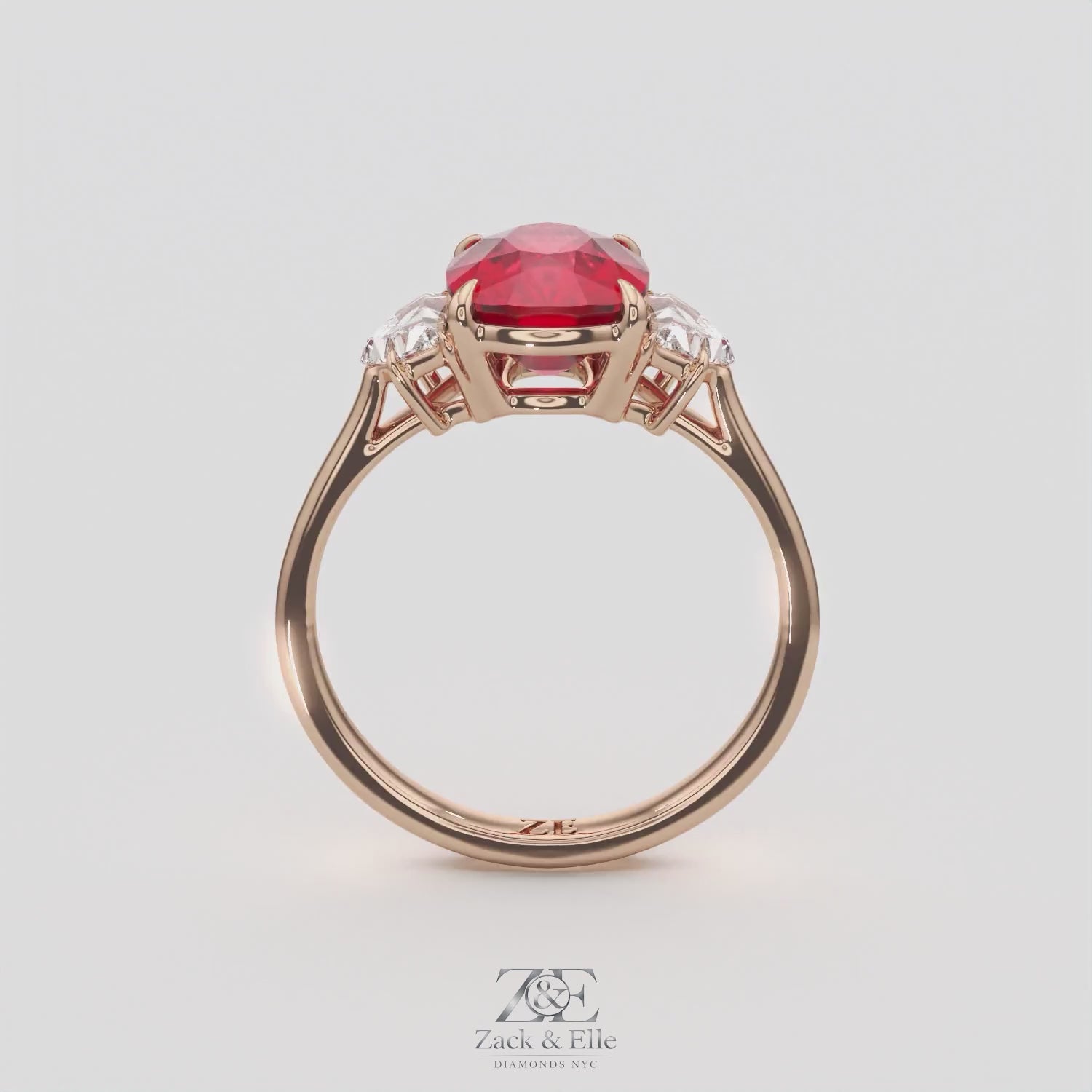 4.00 Ct Cushion Red Ruby and Diamond Three Stone Ring, in rose gold, 360 spin