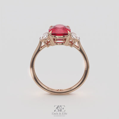 4.00 Ct Cushion Red Ruby and Diamond Three Stone Ring, in rose gold, 360 spin