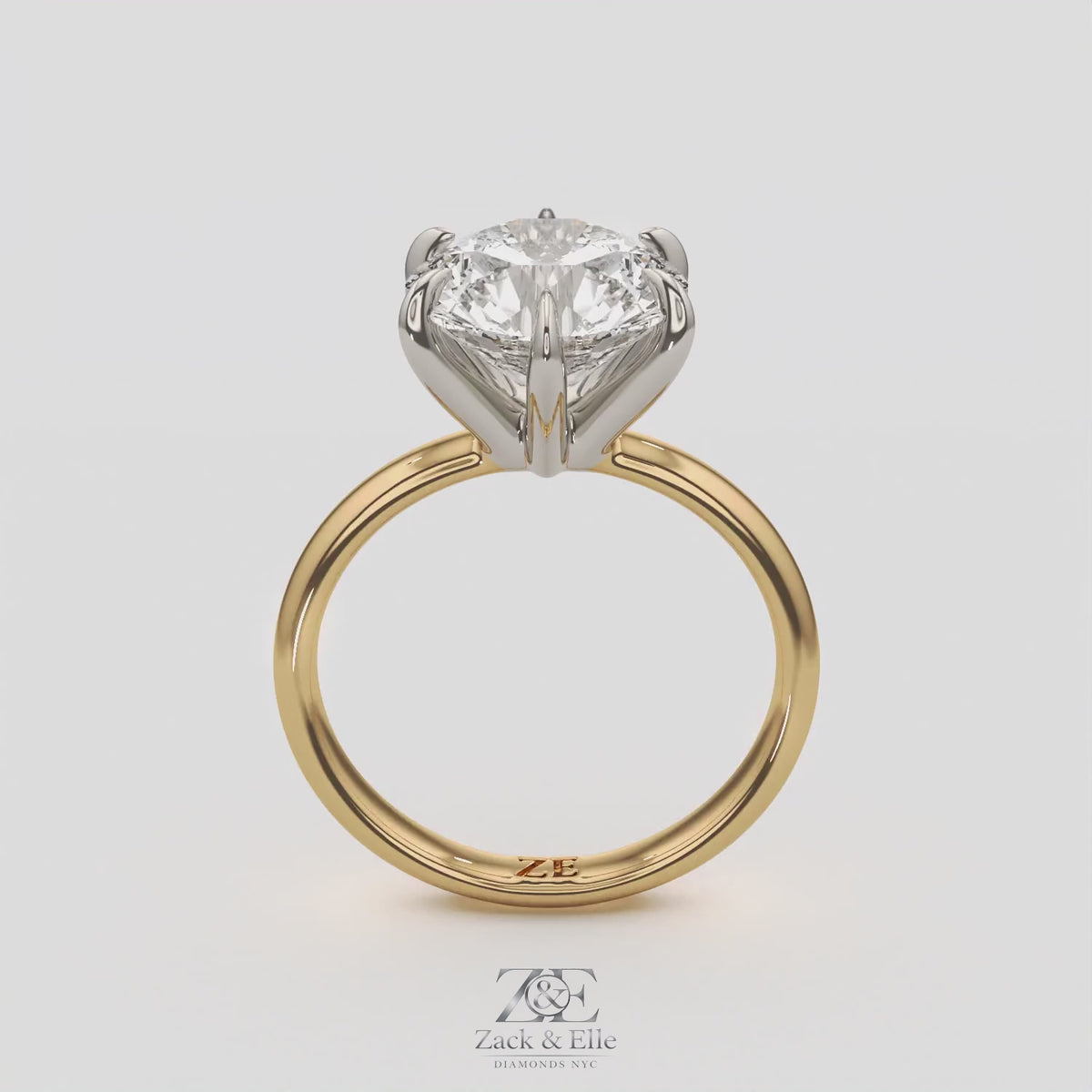 4.05 Ct E VVS2 Round Brilliant Lab-Grown Diamond Solitaire Ring, in yellow gold, 360 spin