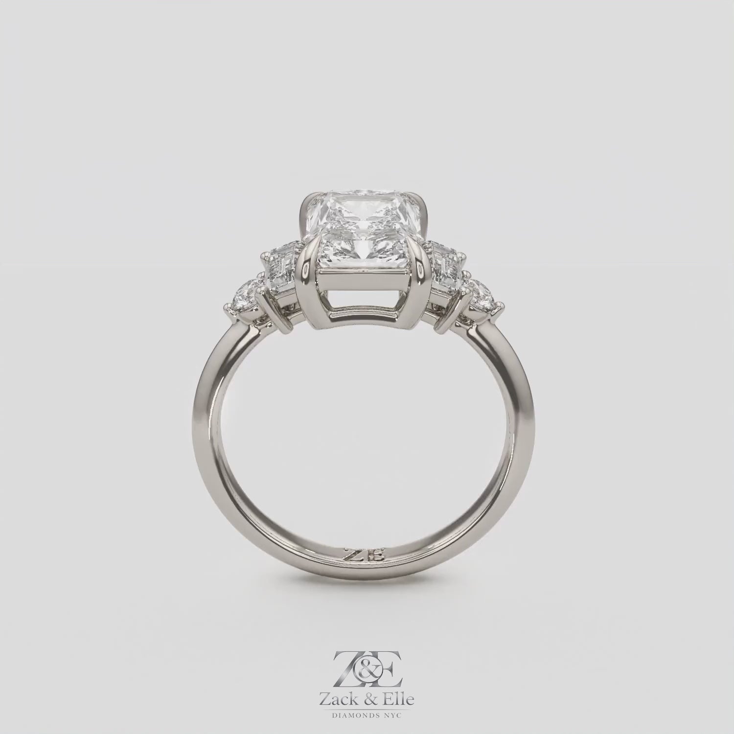 2.60 Ct E Color VS1 Radiant Diamond Ring With Baguette and Round Accents, in white gold, 360 spin