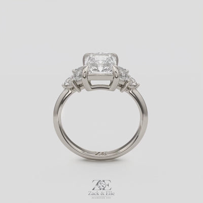 2.60 Ct E Color VS1 Radiant Diamond Ring With Baguette and Round Accents, in white gold, 360 spin