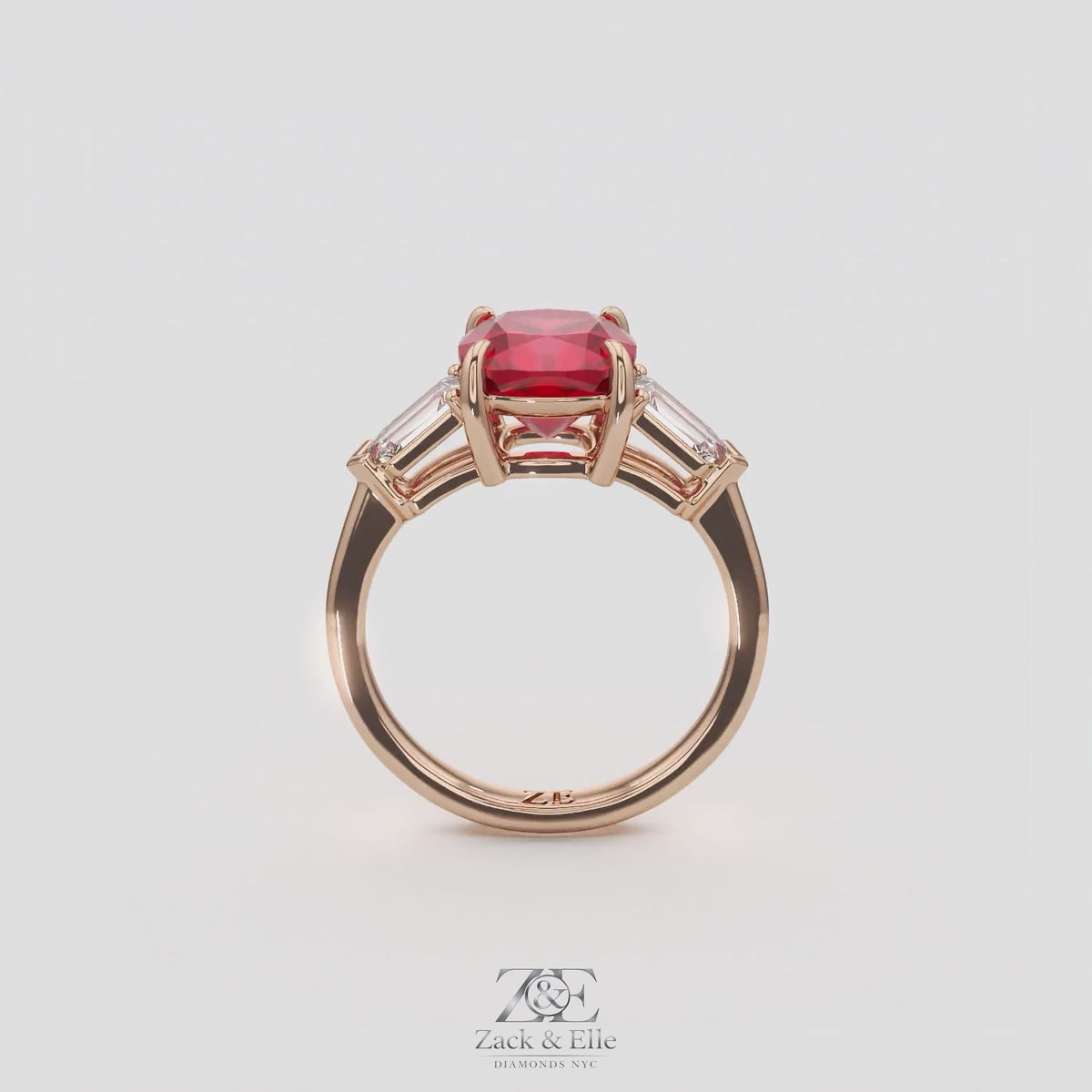 3.10 Ct Cushion Cut Ruby and Diamond Ring, in rose gold, 360 spin