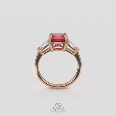 3.10 Ct Cushion Cut Ruby and Diamond Ring, in rose gold, 360 spin