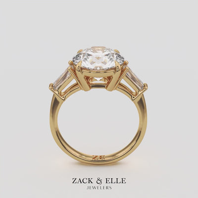 2.40 Ct D Color VS1 Round Diamond Three Stone Ring With Tapered Baguettes, in yellow gold, 360 spin