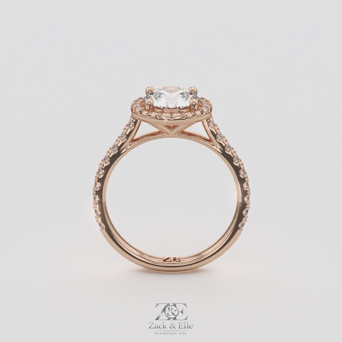 2.00 Ct D VS1 Round Lab-Grown Diamond Halo Ring with Round Accents, in rose gold, 360 spin