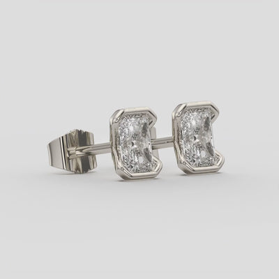 2.00 Ct E Color VS1 Radiant Cut Half-Bezel Stud Earrings, in white gold, 360 spin