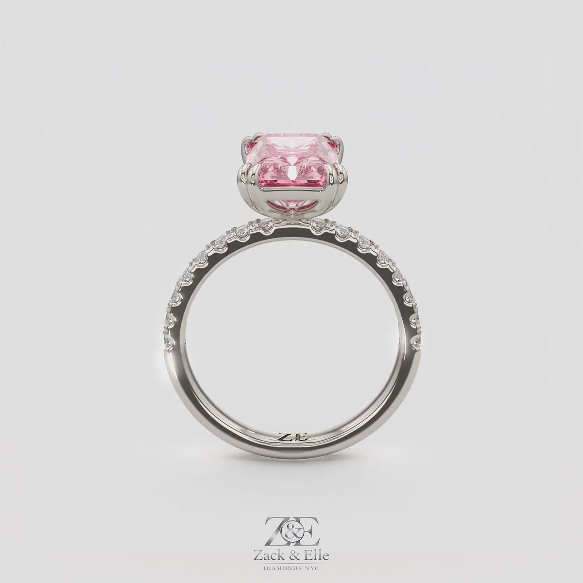 3.30 Ct Fancy Vivid Pink VS2 Radiant Lab-Grown Diamond Ring with Round Accents, in white gold, 360 spin