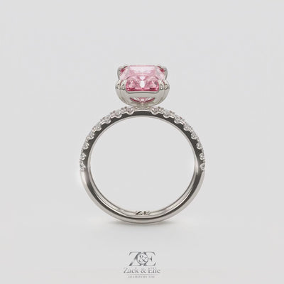 3.30 Ct Fancy Vivid Pink VS2 Radiant Lab-Grown Diamond Ring with Round Accents, in white gold, 360 spin