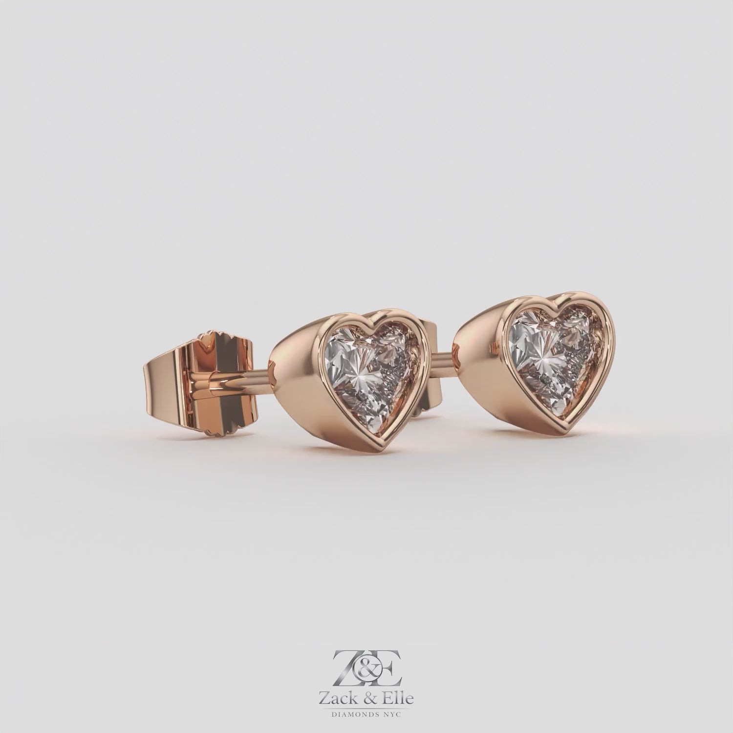 2.00 Ct E VS1 Heart Shape Full Bezel Diamond Studs, in rose gold, 360 spin