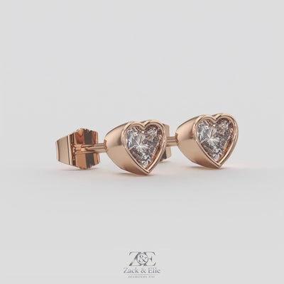 2.00 Ct E VS1 Heart Shape Full Bezel Diamond Studs, in rose gold, 360 spin