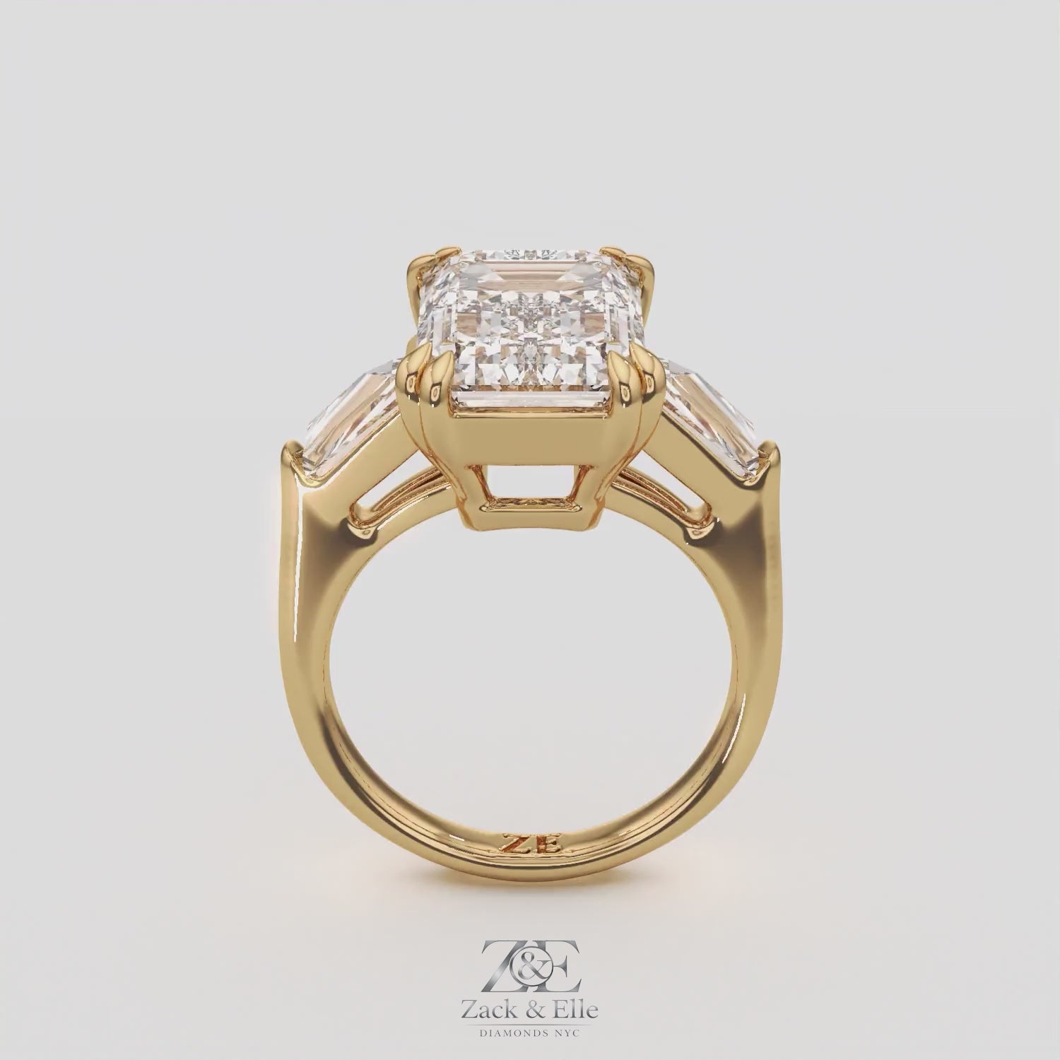 6.70 Ct F VS1 Emerald Cut Three Stone Diamond Ring With Tapered Baguettes, in white gold, 360 spin