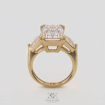 6.70 Ct F VS1 Emerald Cut Three Stone Diamond Ring With Tapered Baguettes, in white gold, 360 spin