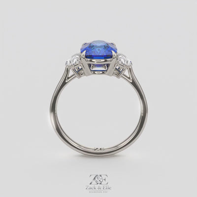4.00 Ct Cushion Blue Sapphire and Diamond Three Stone Ring, in white gold, 360 spin