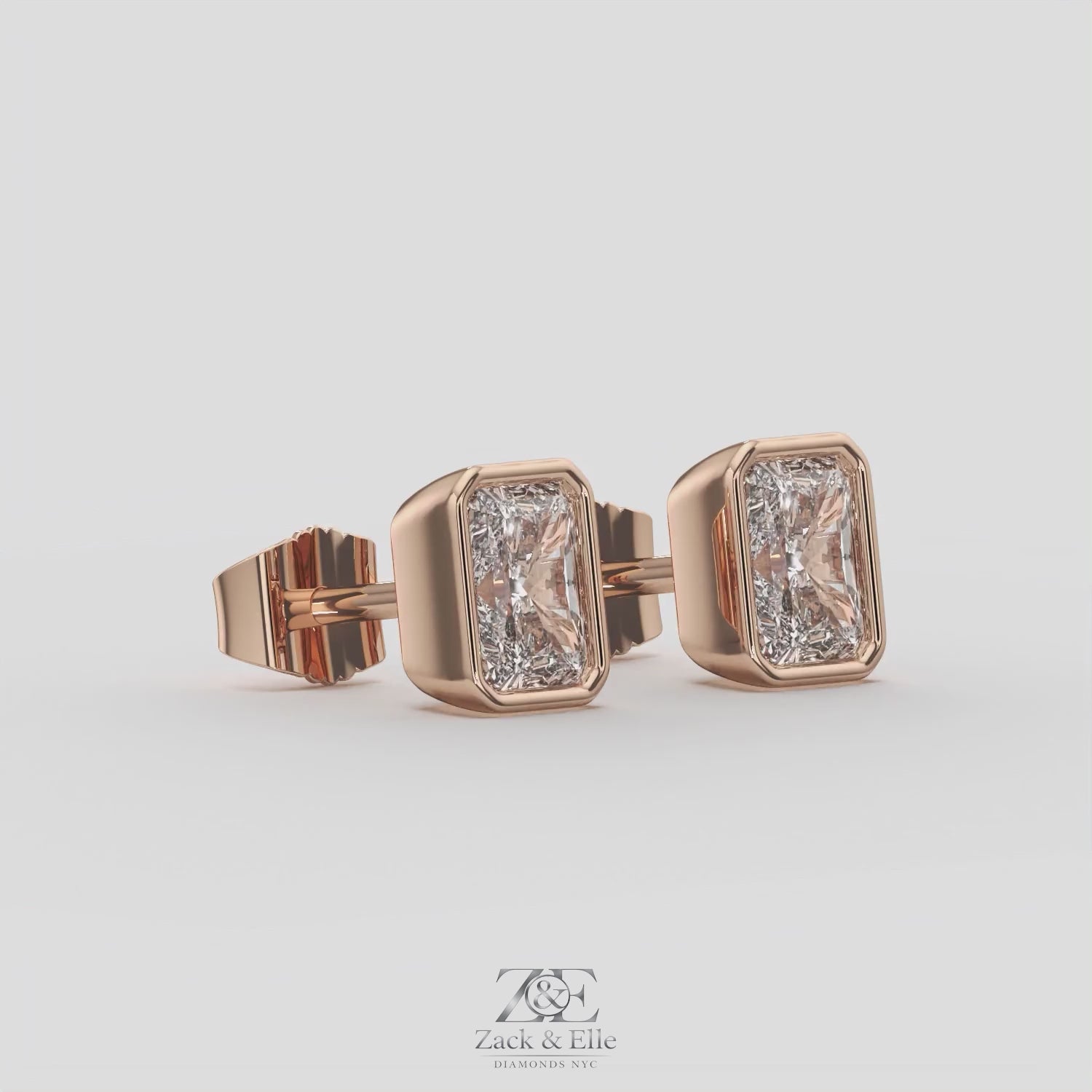 2.00 Ct E VS1 Radiant Cut Full Bezel Diamond Studs, in rose gold, 360 spin