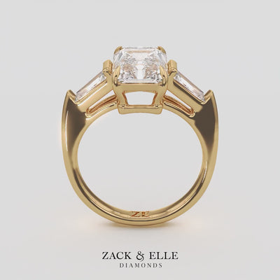 3.50 Ct Radiant Cut D VS1 Diamond Three Stone Ring With Tapered Baguettes, in white gold, 360 spin