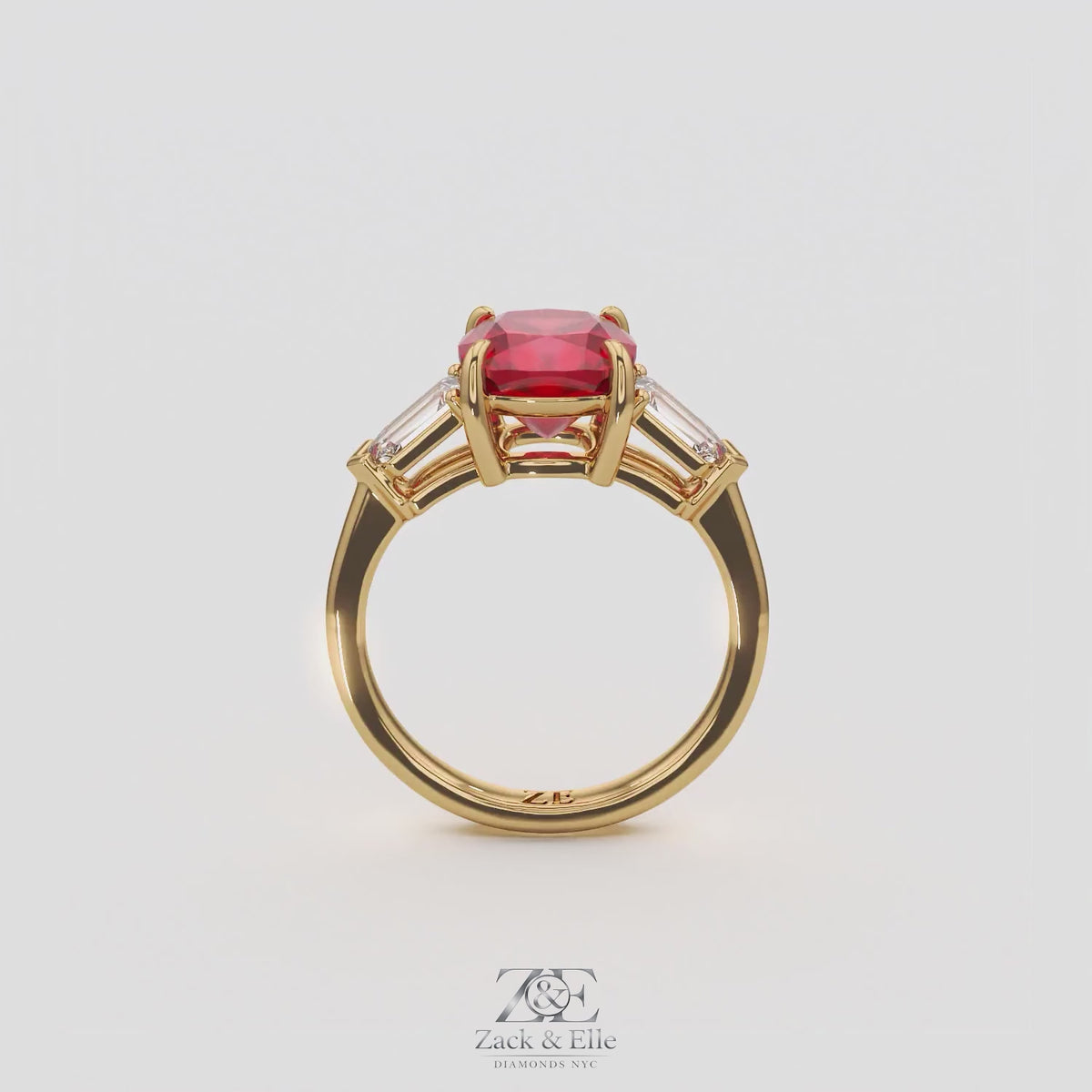 3.10 Ct Cushion Cut Ruby and Diamond Ring, in yellow gold, 360 spin