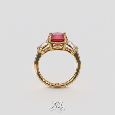 3.10 Ct Cushion Cut Ruby and Diamond Ring, in yellow gold, 360 spin