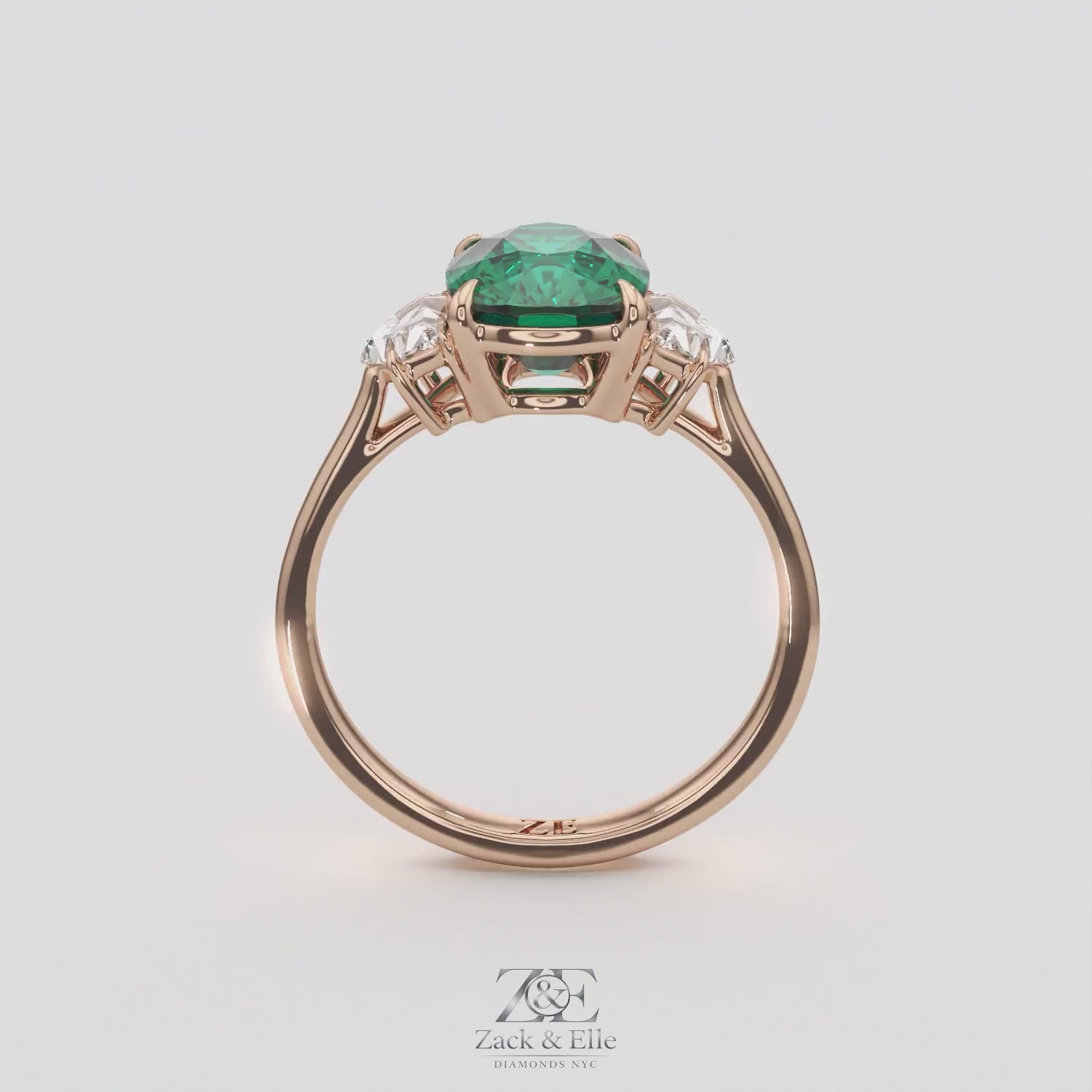 4.00 Ct Cushion Green Emerald and Diamond Three Stone Ring, in rose gold, 360 spin