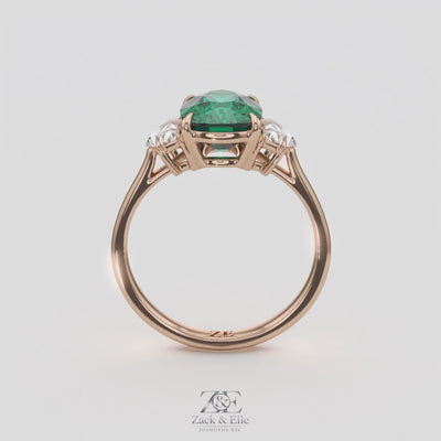 4.00 Ct Cushion Green Emerald and Diamond Three Stone Ring, in rose gold, 360 spin