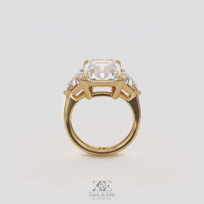 7.20 Ct E VS1 Radiant Cut Lab-Grown Diamond Three Stone Ring with Trapezoid Side Diamonds, in yellow gold, 360 spin
