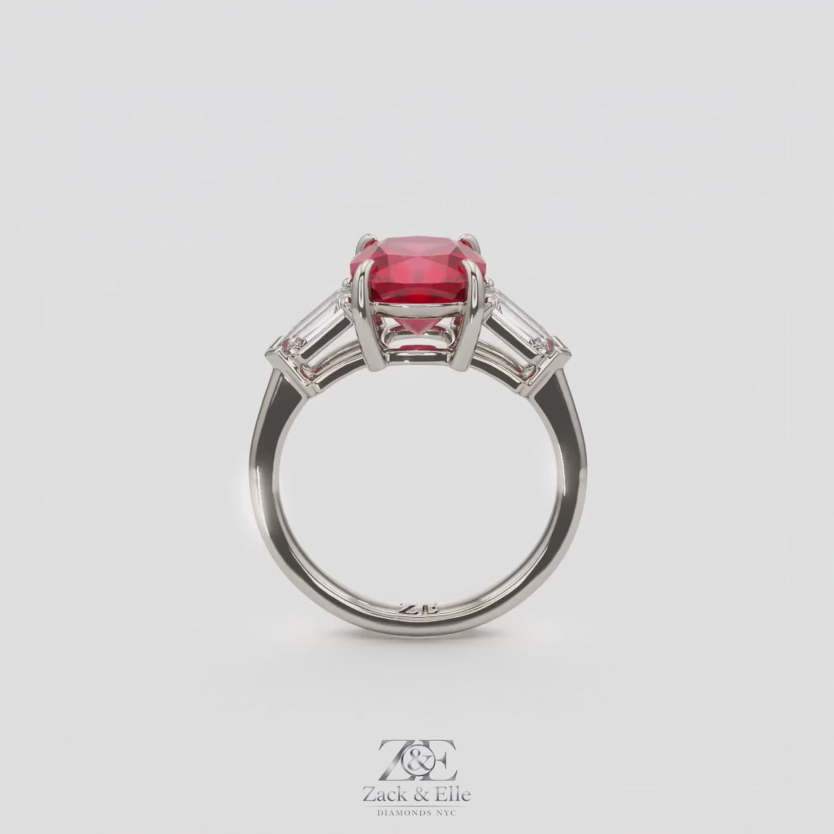 3.10 Ct Cushion Cut Ruby and Diamond Ring, in white gold, 360 spin