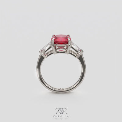 3.10 Ct Cushion Cut Ruby and Diamond Ring, in white gold, 360 spin