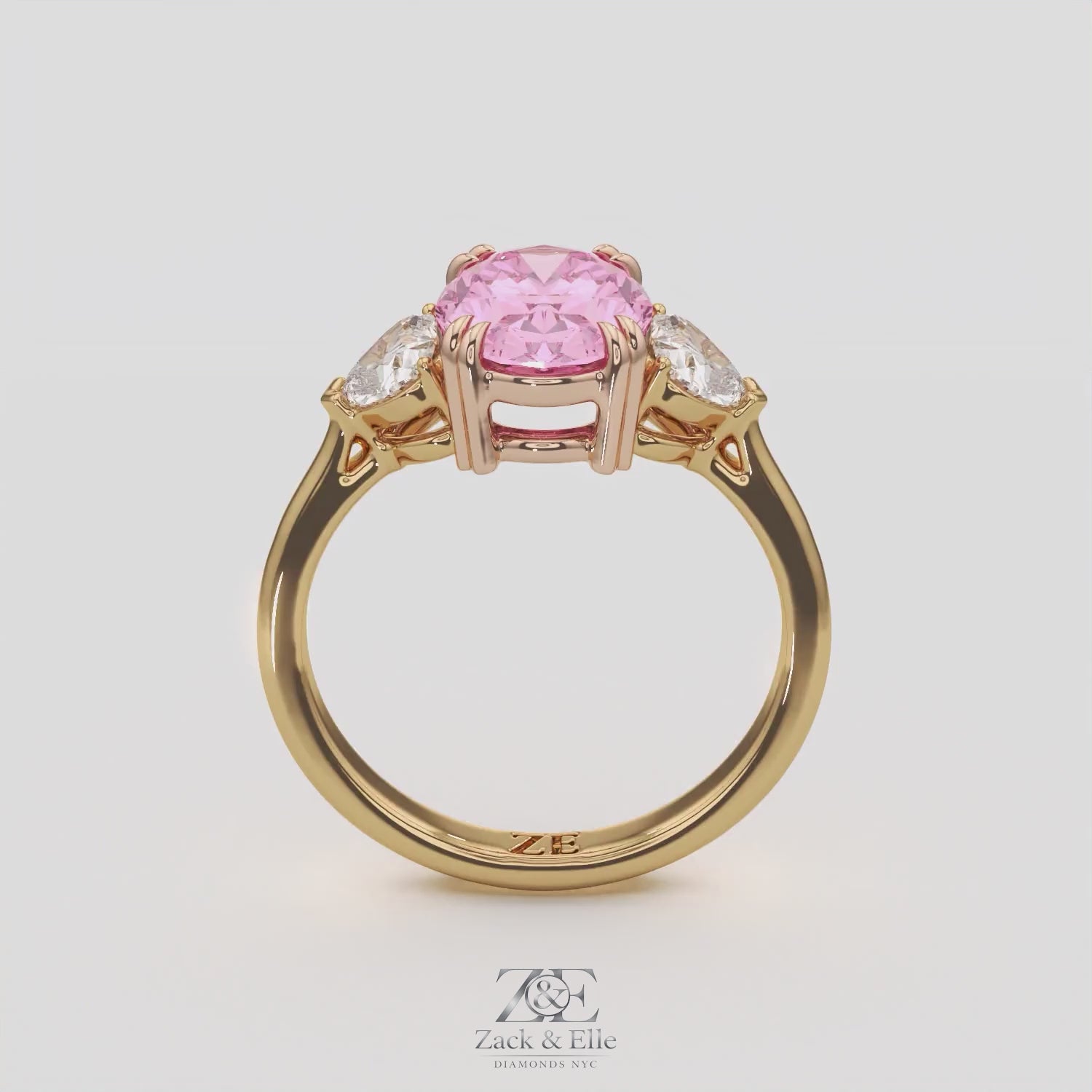 2.40 Ct Fancy Pink VS2 Oval 3 Stone Ring With Heart Shaped Accents, in white gold, 360 spin