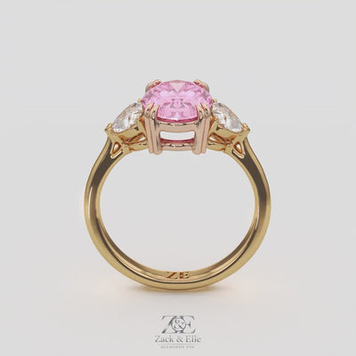 2.40 Ct Fancy Pink VS2 Oval 3 Stone Ring With Heart Shaped Accents, in white gold, 360 spin