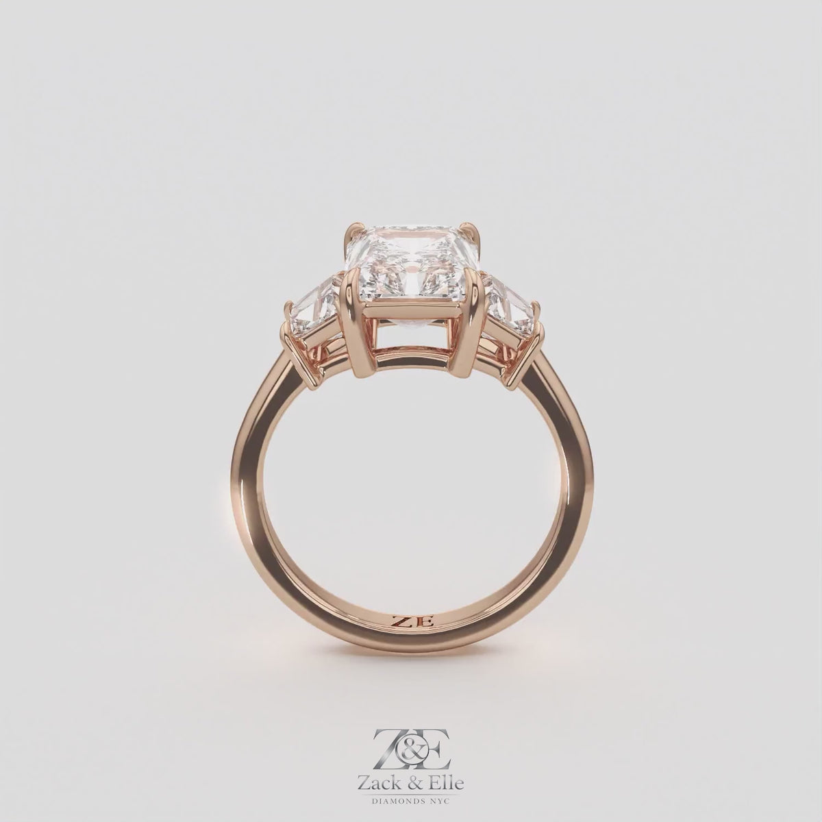 3.50 Ct D VS1 Radiant Cut Lab-Grown Diamond Three Stone Ring With Trapezoid Accents, in rose gold, 360 spin