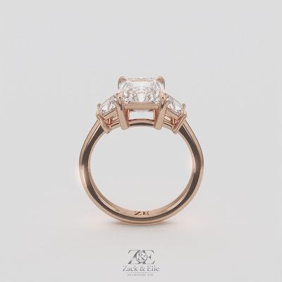3.50 Ct D VS1 Radiant Cut Lab-Grown Diamond Three Stone Ring With Trapezoid Accents, in rose gold, 360 spin