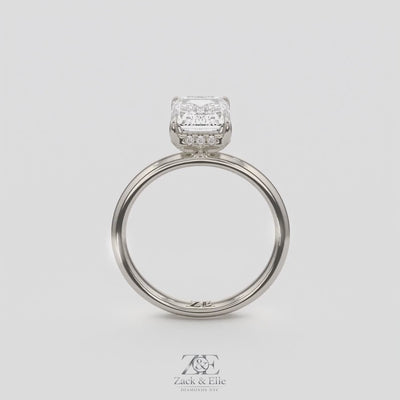 2.60 Ct E VS1 Emerald Cut Lab Grown Diamond Halo Ring, in white gold, 360 spin