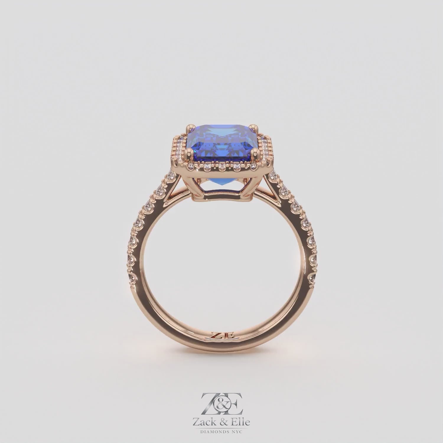 3.50 Ct Emerald Cut Blue Sapphire and Diamond Ring, in rose gold, 360 spin