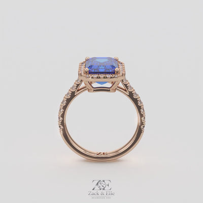 3.50 Ct Emerald Cut Blue Sapphire and Diamond Ring, in rose gold, 360 spin