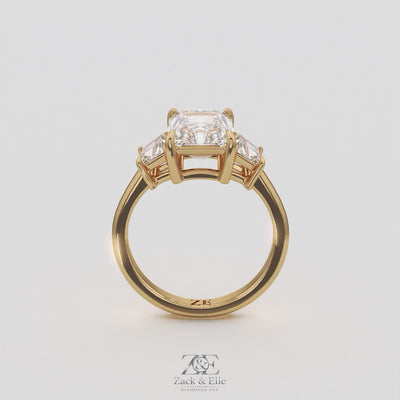 3.50 Ct D VS1 Radiant Cut Lab-Grown Diamond Three Stone Ring With Trapezoid Accents, in yellow gold, 360 spin