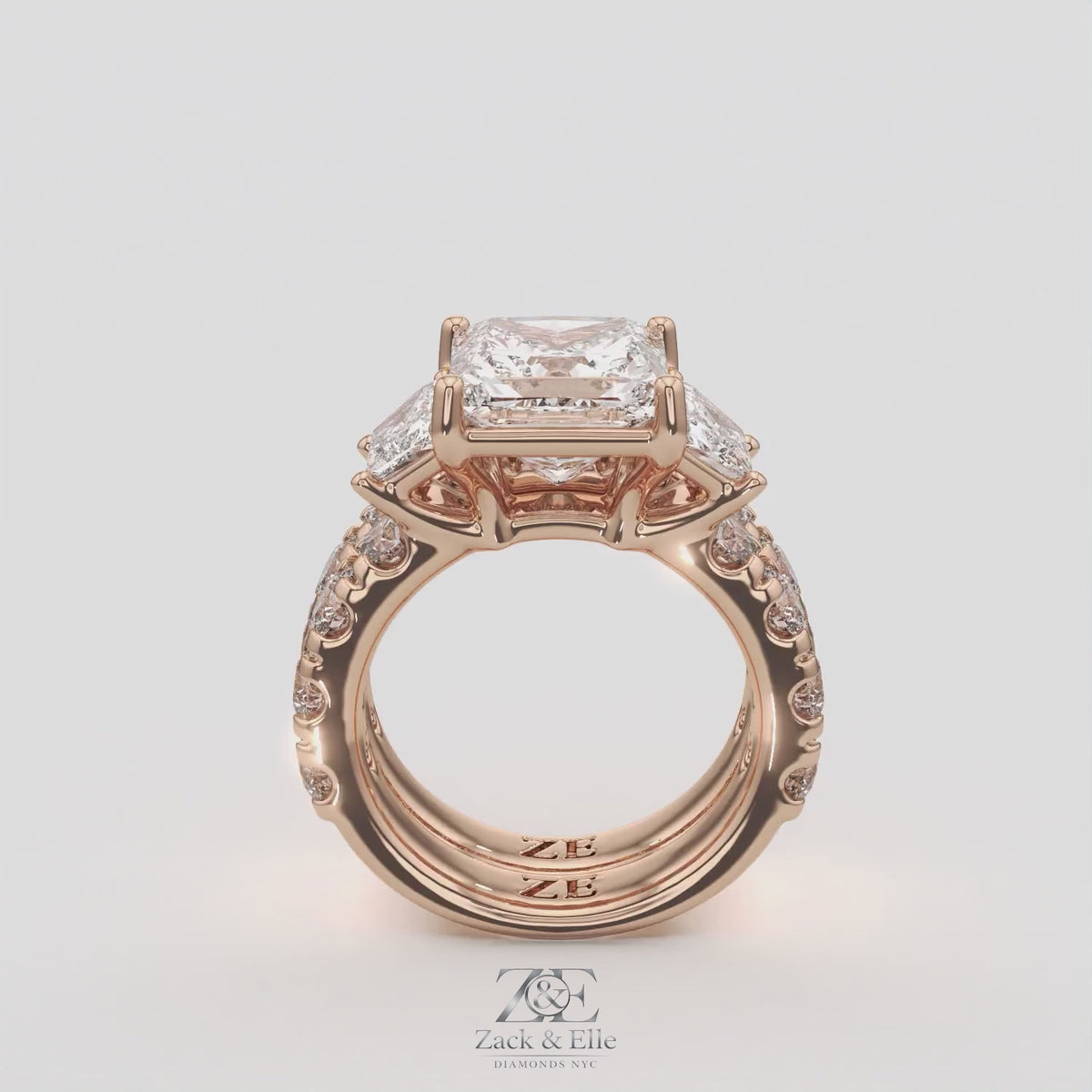 6.50 Ct E VS1 Princess Cut Lab-Grown Diamond Engagement Ring with Matching Band, in rose gold, 360 spin