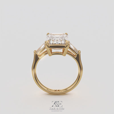 5.60 Ct E VS1 Emerald Cut Lab-Grown Diamond Three Stone Ring with Tapered Baguettes, in yellow gold, 360 spin